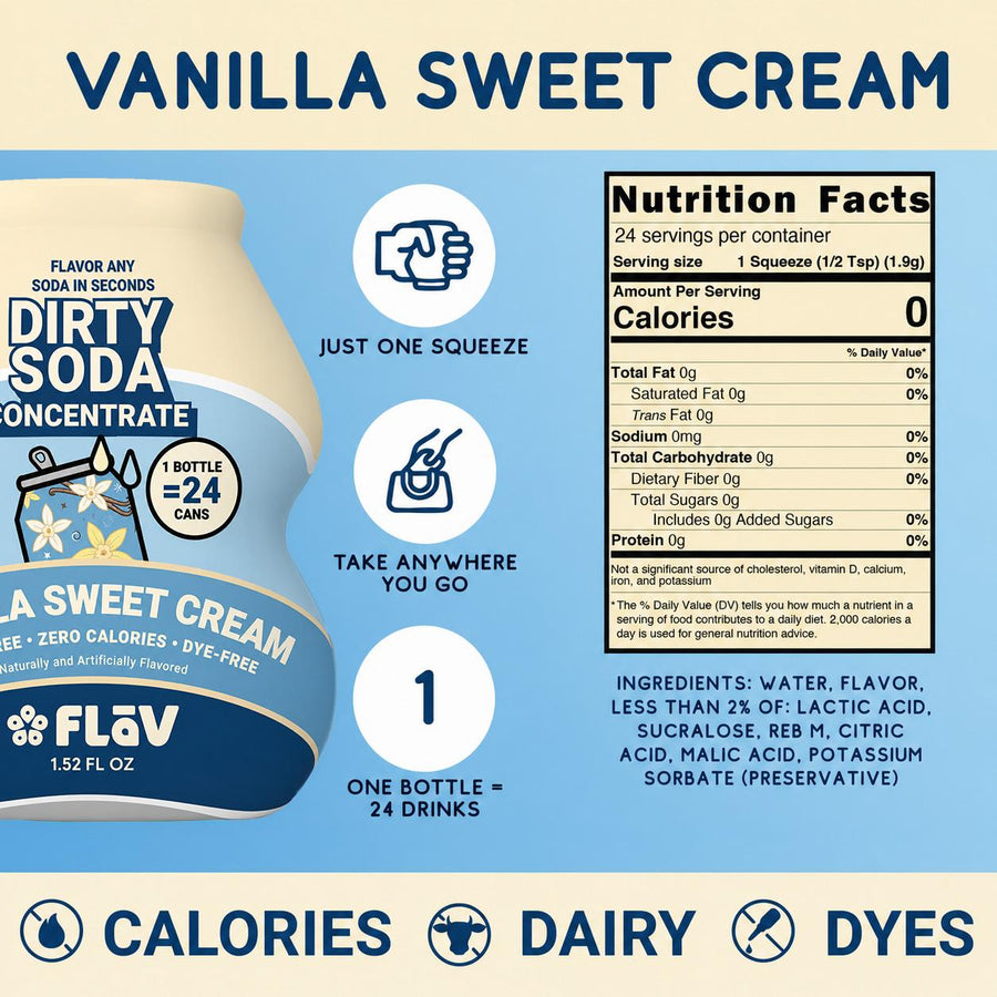 Vanilla Sweet Cream Flāv dirty soda mix-in nutrition facts and ingredients with zero-calorie, dairy-free, and dye-free icons
